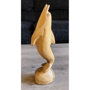Hand Carved Wooden Dolphin Statue Figurine Not Signed Two‎ Toned Wood
